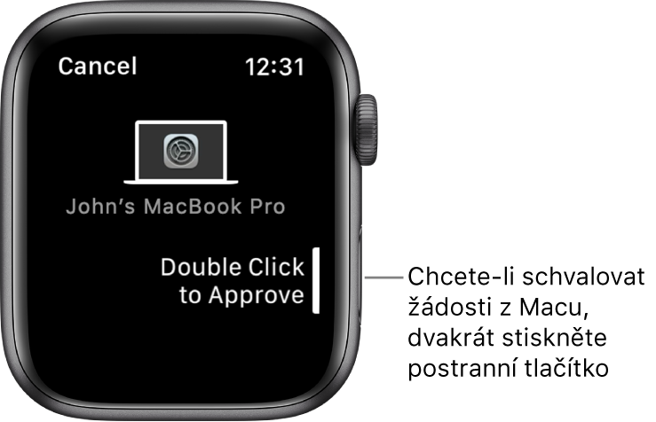 Hodinky Apple Watch se zobrazenou žádostí o schválení z MacBooku Pro