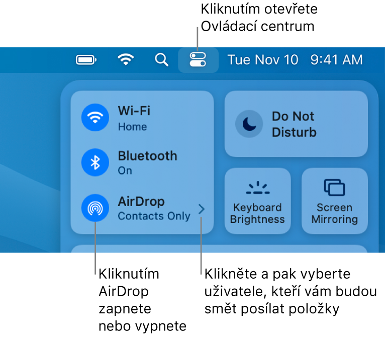 Okno Ovládacího centra s ovládacími prvky pro zapnutí a vypnutí AirDropu a pro výběr uživatelů, kteří vám můžou posílat položky