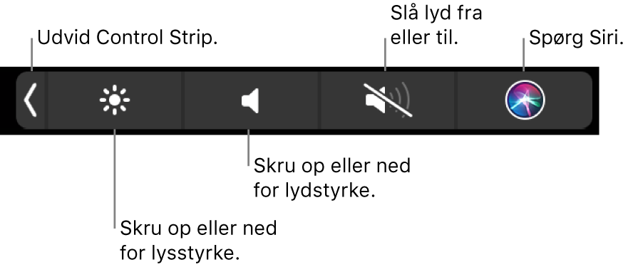 Den formindskede Control Strip har knapper, der fra venstre mod højre udvider Control Strip, skruer op eller ned for skærmens lysstyrke og lydstyrken, slår lyden til eller fra og stiller spørgsmål til Siri.