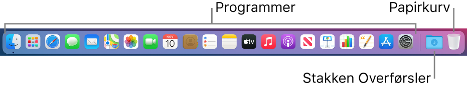 Dock med symboler for programmer, stakken Overførsler og papirkurven.