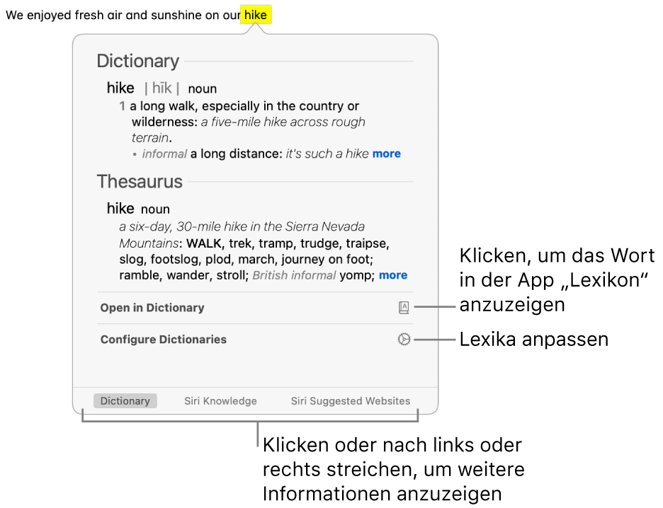 Das Fenster „Nachschlagen“ mit Definition für ein Wort aus Lexikon und Thesaurus