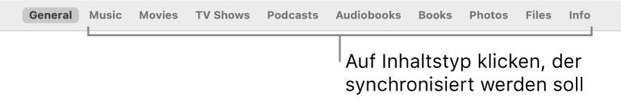 Die Symbolleiste mit der Taste „Allgemein“ und den Tasten für Inhalte wie Musik, Filme, TV-Sendungen usw.