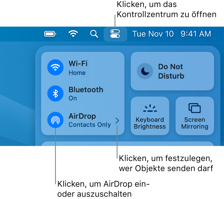 Ein Fenster des Kontrollzentrums mit den Steuerelementen zum Aktivieren und Deaktivieren von AirDrop sowie zum Auswählen, wer dir Objekte senden darf.