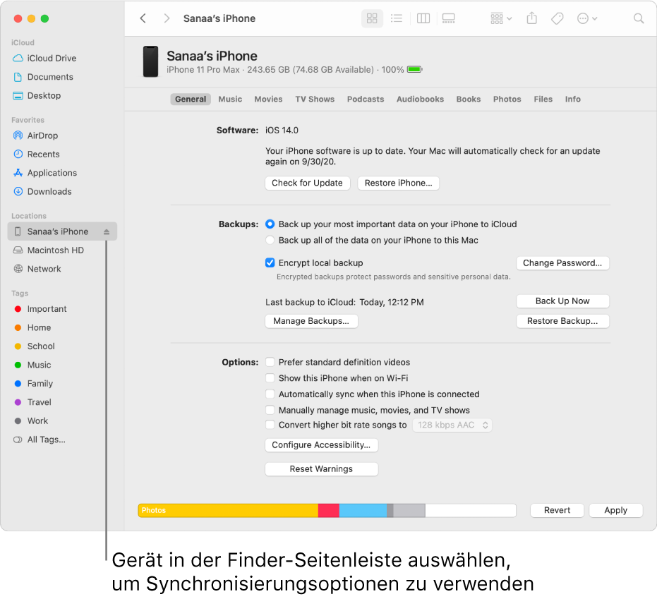 Ein in der Finder-Seitenleiste ausgewähltes Gerät und den im Fenster angezeigten Synchronisierungsoptionen