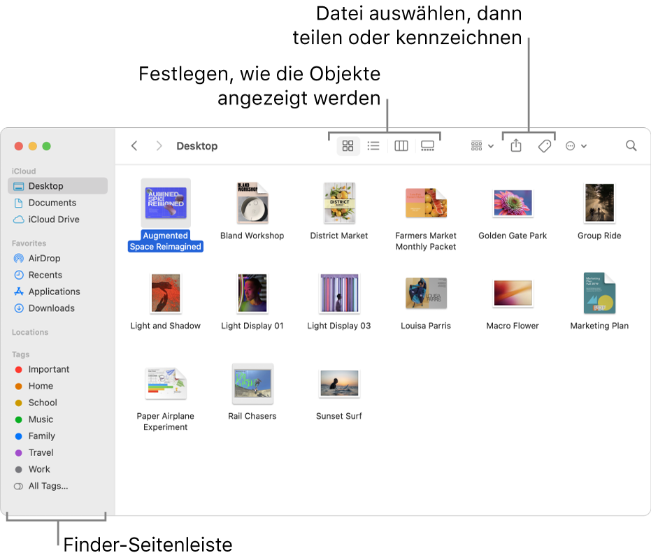 Ein Finder-Fenster mit der Finder-Seitenleiste links. Oben im Fenster befinden sich vier Tasten, mit denen du festlegen kannst, wie Objekte im Fenster angezeigt werden, und weitere Tasten, mit denen du Objekte organisieren und teilen kannst.
