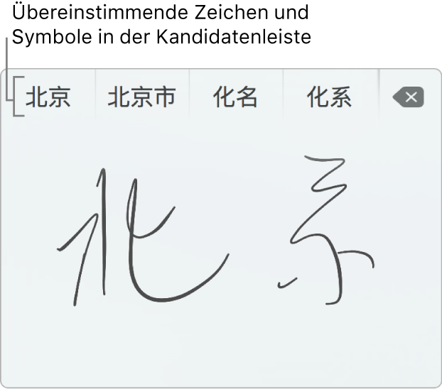 Das Fenster für die Trackpad-Handschriftfunktion mit dem Wort „Peking“, das per Hand in vereinfachtem Chinesisch geschrieben wurde. Beim Malen von Schriftzeichen auf dem Trackpad zeigt eine entsprechende Leiste (oben im Fenster der Trackpad-Handschriftfunktion) mögliche entsprechende Zeichen und Symbole an. Tippe auf einen Vorschlag, um ihn auszuwählen.