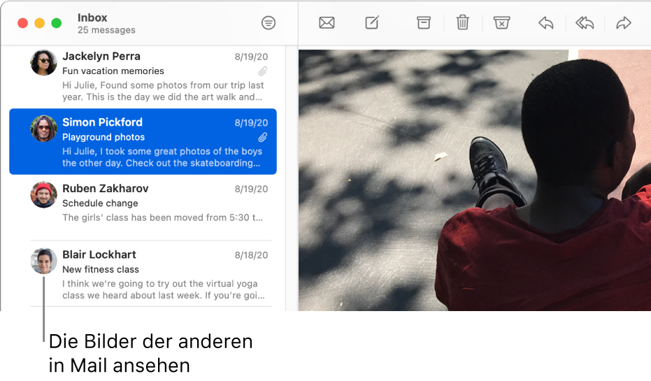 Das Fenster „Mail“ mit der E-Mail-Liste und den Bildern der Absender, die neben ihren Namen angezeigt werden.