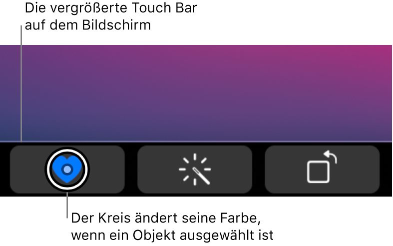 Die eingezoomte Touch Bar unten auf dem Bildschirm; der Kreis über einer Taste ändert sich, wenn die Taste ausgewählt wird.