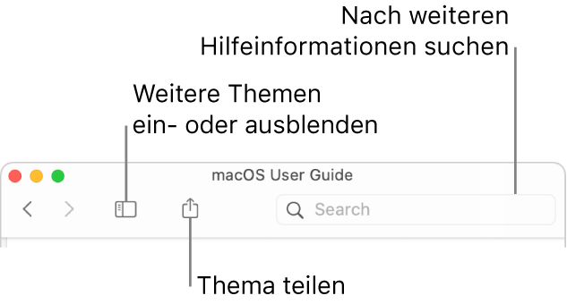 Ein Hilfefenster mit Tasten in der Symbolleiste zum Ein- oder Ausblenden des Inhaltsverzeichnisses und zum Teilen eines Themas sowie einem Suchfeld zum Suchen nach Themen.