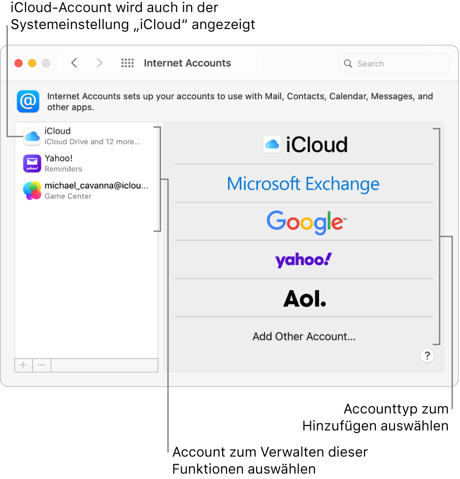 Systemeinstellung „Internetaccounts“ mit Accounts rechts und den verfügbaren Accounttypen links