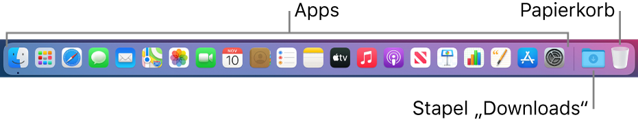 Das Dock mit Symbolen für Apps, dem Stapel „Downloads“ und dem Papierkorb