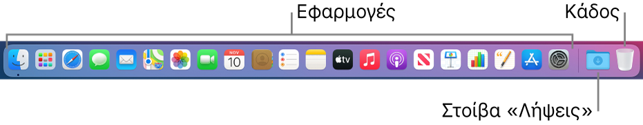 Το Dock όπου εμφανίζονται εικονίδια για εφαρμογές, η στοίβα «Λήψεις» και ο Κάδος.