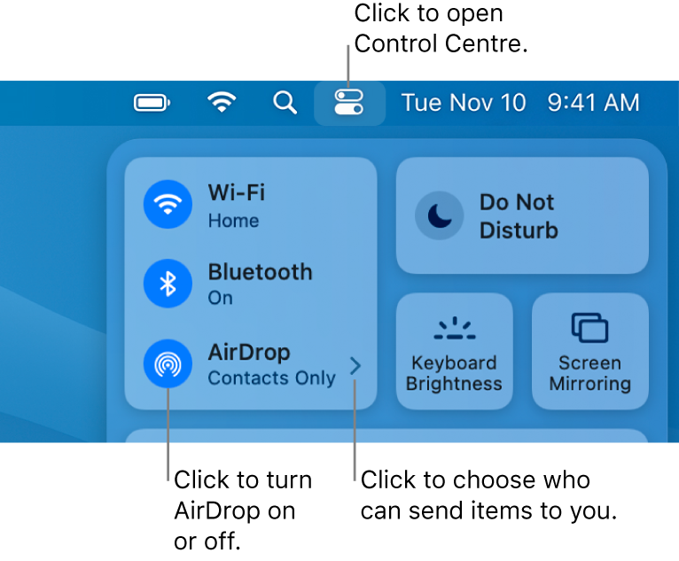 A Control Centre window showing the controls to turn AirDrop on or off and choose who can send items to you.