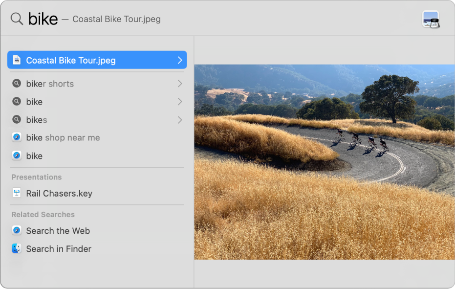 The Spotlight window showing search text in the search field at the top of the window, results below on the left and a preview of a top hit on the right.
