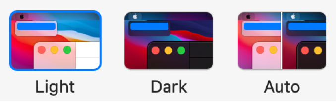 From left to right, samples of the Light, Dark, and Auto options shown in General preferences.