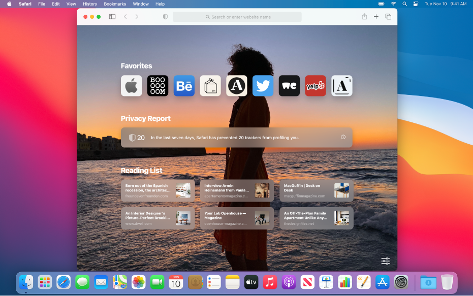 The Safari start page, showing favorite websites, a Privacy Report summary, and the Reading List.