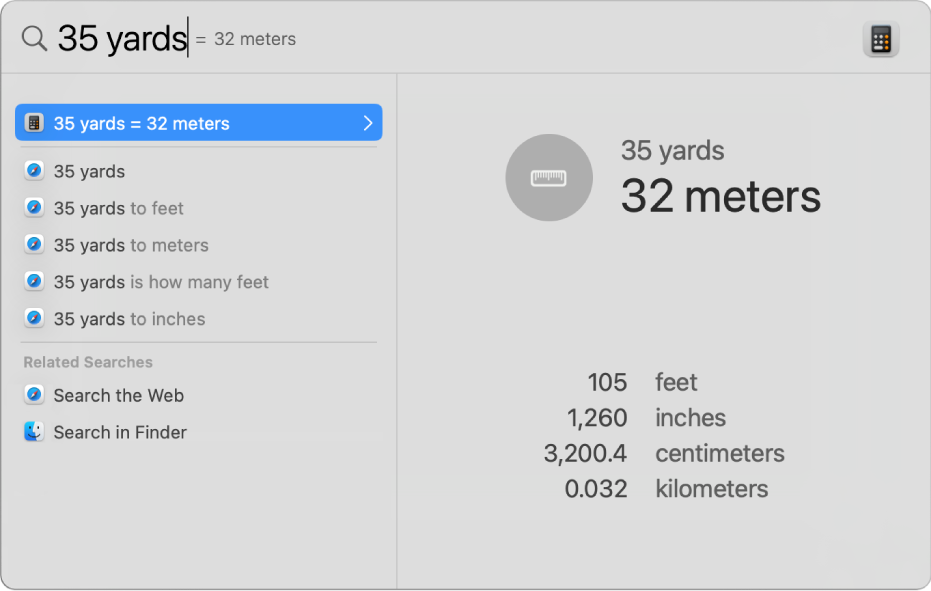 The Spotlight window showing a conversion of yards to meters in the search field. On the left is a list of search results. Additional conversions are shown in the preview on the right.