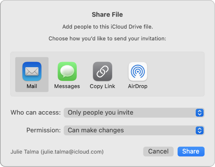 Share File window showing apps that you can use to make invitations and the options for sharing documents.