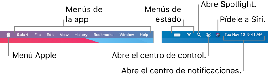 La barra de menús. En la izquierda está el menú Apple y los menús de las apps. A la derecha están los menús de estado, Spotlight, centro de control, Siri y centro de notificaciones.