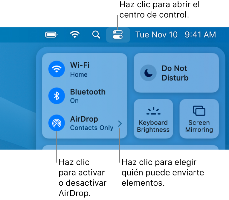 Una ventana del Centro de control que muestra los controles para activar y desactivar AirDrop y elegir quién puede enviarte elementos.
