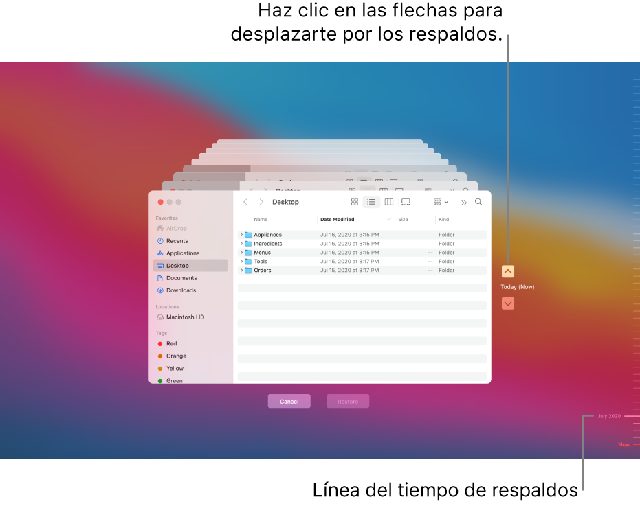 Cuando se abre Time Machine, se ve una pantalla borrosa con varias pantallas del Finder apiladas para representar los respaldos. Haz clic en las flechas para navegar a través de tus respaldos (o haz clic en la línea de tiempo de respaldo a la derecha) y selecciona los archivos que quieres restaurar.