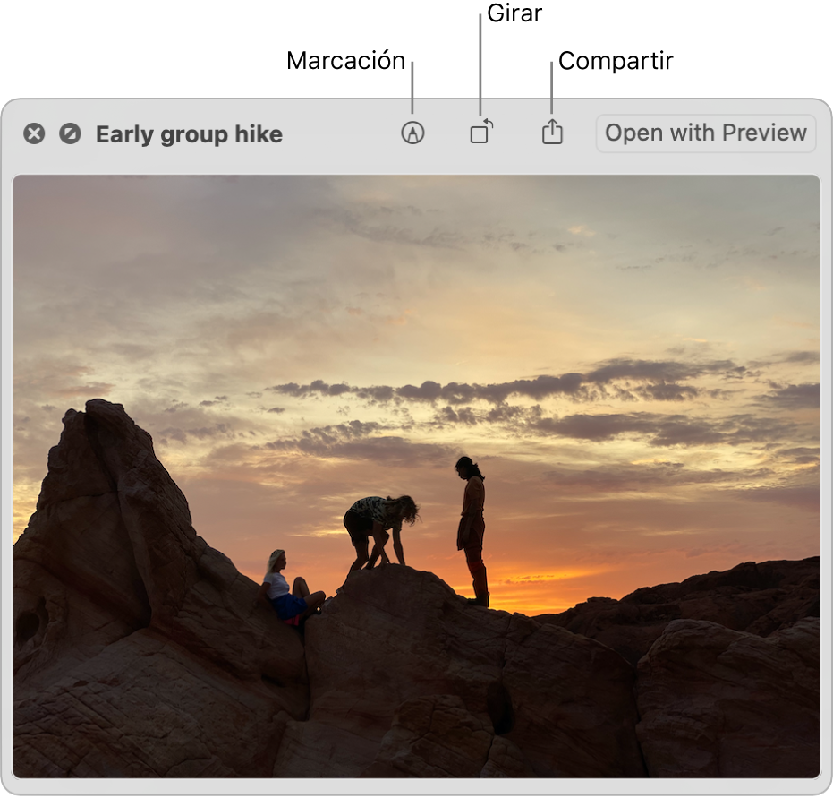 Una imagen de la ventana de “Vista rápida” con botones para marcar, rotar o compartir la imagen, o bien abrirla en la app Vista Previa.