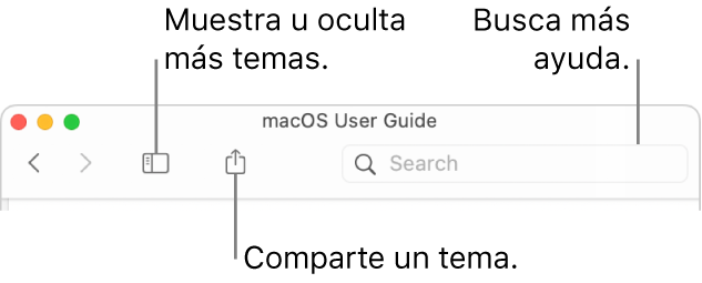 Una ventana de ayuda con los botones de la barra de herramientas para ocultar o mostrar la tabla de contenido y compartir un tema, y el campo de búsqueda para buscar temas.