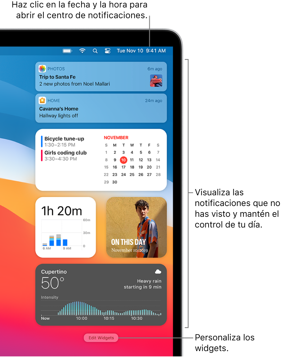 Notificaciones y widgets en el centro de notificaciones.