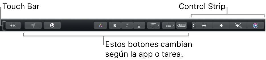La Touch Bar en la parte superior del teclado, con la Control Strip contraída a la derecha y otros botones que varían en función de la app o tarea.