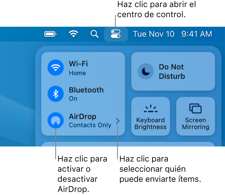 Una ventana del centro de control, con los controles para activar o desactivar AirDrop y elegir quién puede enviarte ítems.