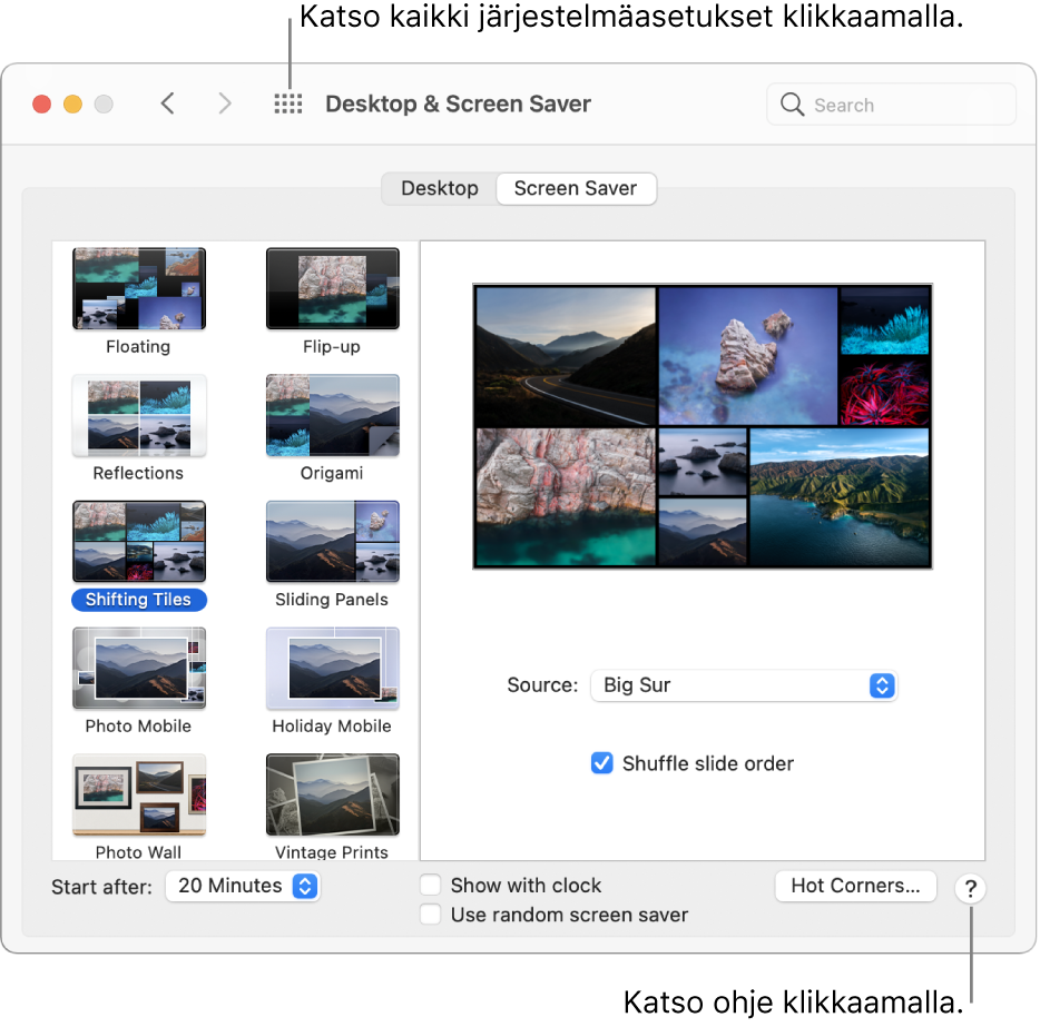 Klikkaamalla Järjestelmäasetukset-ikkunan työkalupalkissa Näytä kaikki -painiketta näet kaikki asetuskuvakkeet. Jos haluat lisätietoja osiosta, klikkaa Ohje-painiketta asetusosion oikeassa alareunassa.