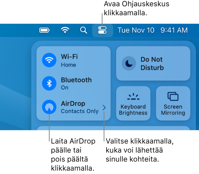 Ohjauskeskus-ikkuna, jossa näkyy säätimet, joilla AirDrop voidaan laittaa päälle tai pois päältä ja valita, kuka voi lähettää sinulle kohteita.