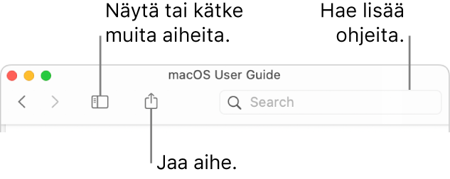 Ohjeikkuna, jossa näkyy työkalupalkin painikkeet, joilla kätketään tai näytetään sisällysluettelo ja jaetaan aihe, sekä hakukenttä, jolla etsitään aiheita.