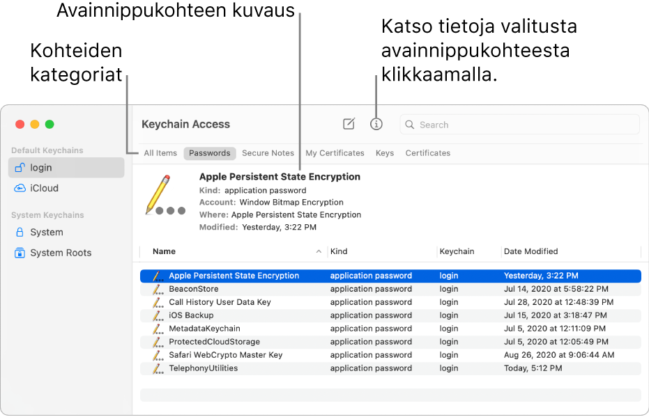 Avainnipun käyttö -ikkunassa näkyy avainnippuja sivupalkissa. Oikealla näkyy valitun kirjautumisavainnipun salasanan kuvaus.