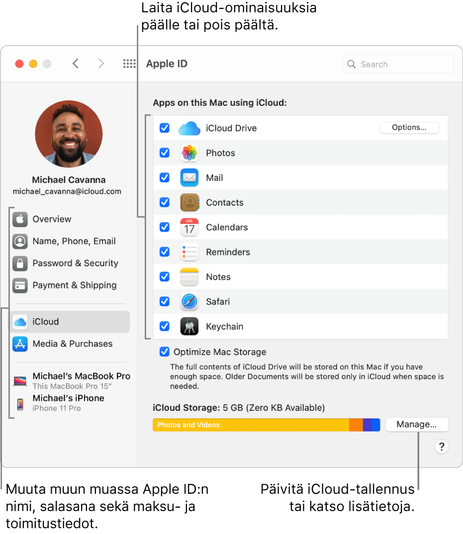 iCloud-asetukset, joissa kaikki ominaisuudet ovat valittuina.