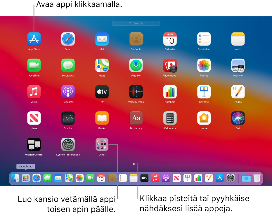 Launchpad, jossa näkyvät avattavissa olevat apit.