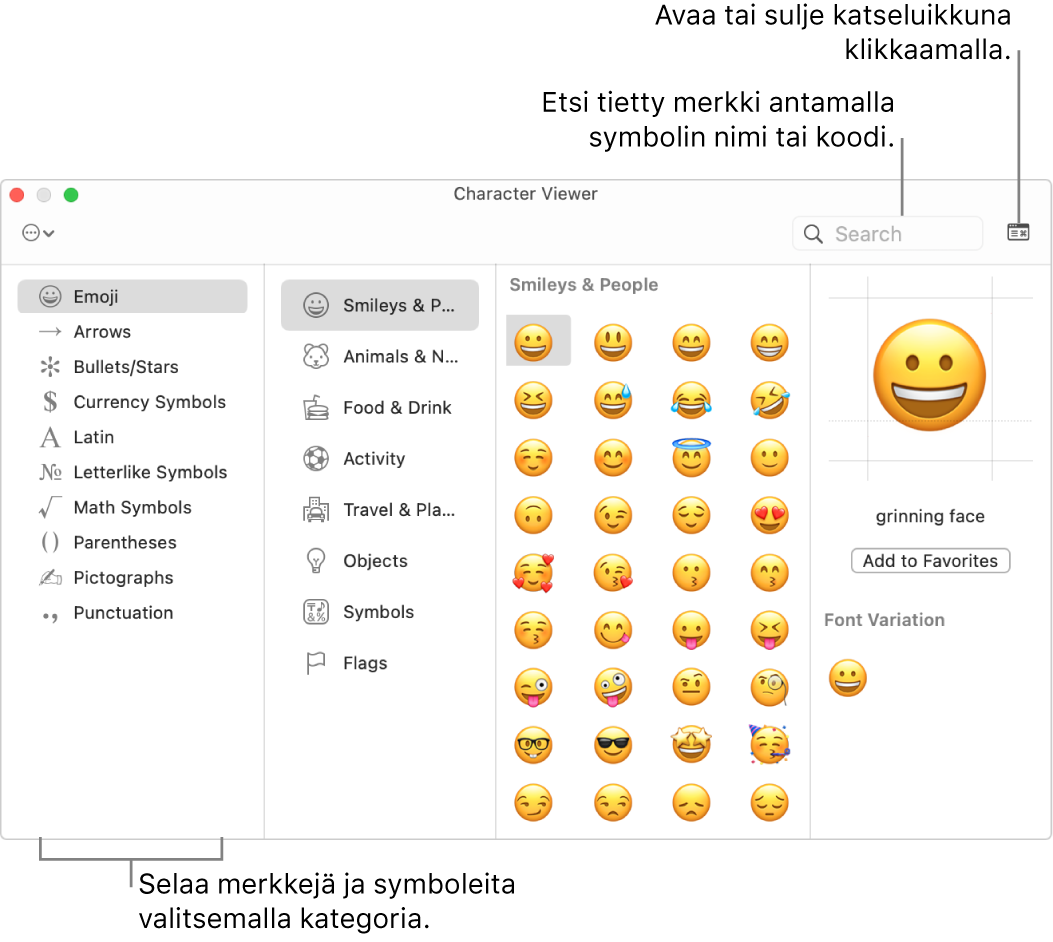 Merkki-ikkuna. Selaa merkkejä tai symboleja valitsemalla kategoria vasemmalta. Etsi tietty merkki syöttämällä hakukenttään symbolin nimi tai koodi. Oikeasta yläkulmasta voit suurentaa tai pienentää ikkunan klikkaamalla.