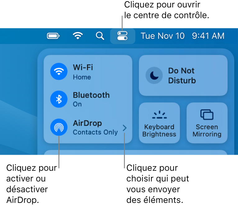 Une fenêtre du centre de contrôle qui affiche les commandes pour activer ou désactiver AirDrop et choisir qui peut vous envoyer des éléments.