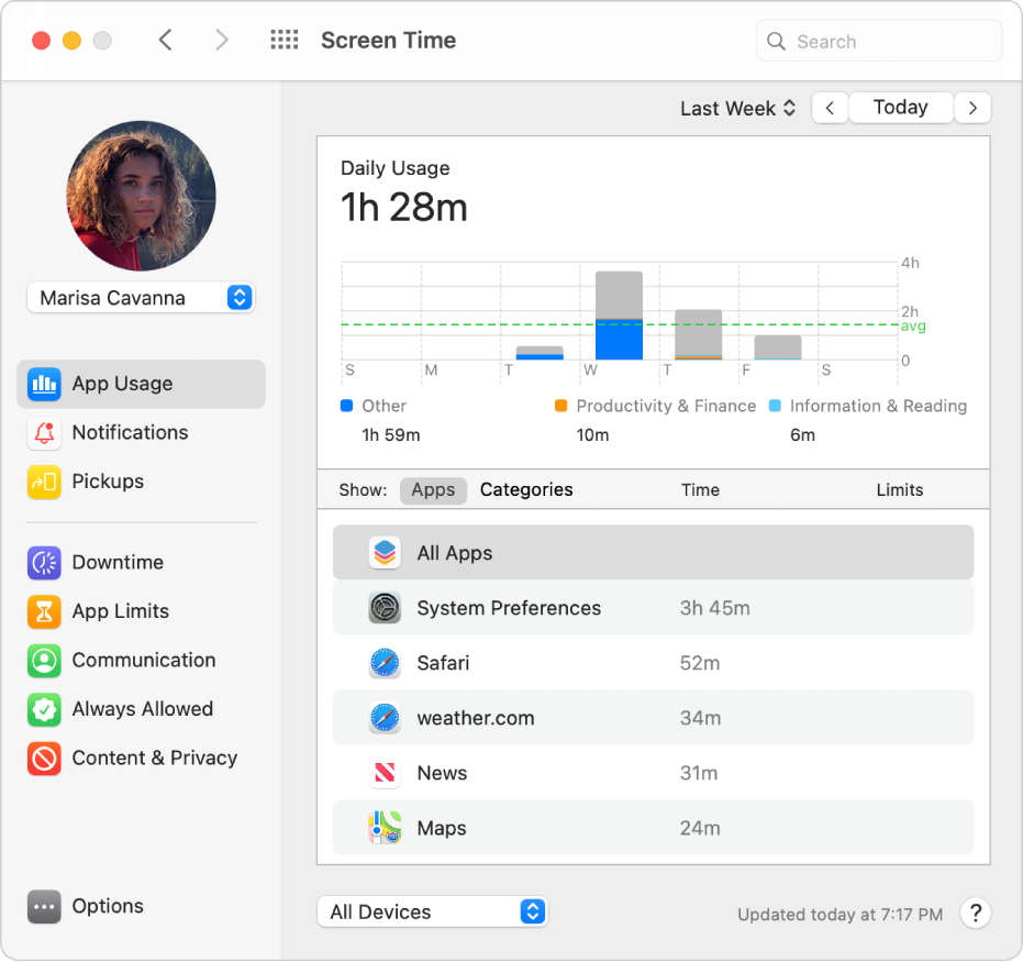 La sous-fenêtre Utilisation des apps de Temps d’écran qui affiche l’utilisation des apps d’un enfant dans un groupe de partage familial.