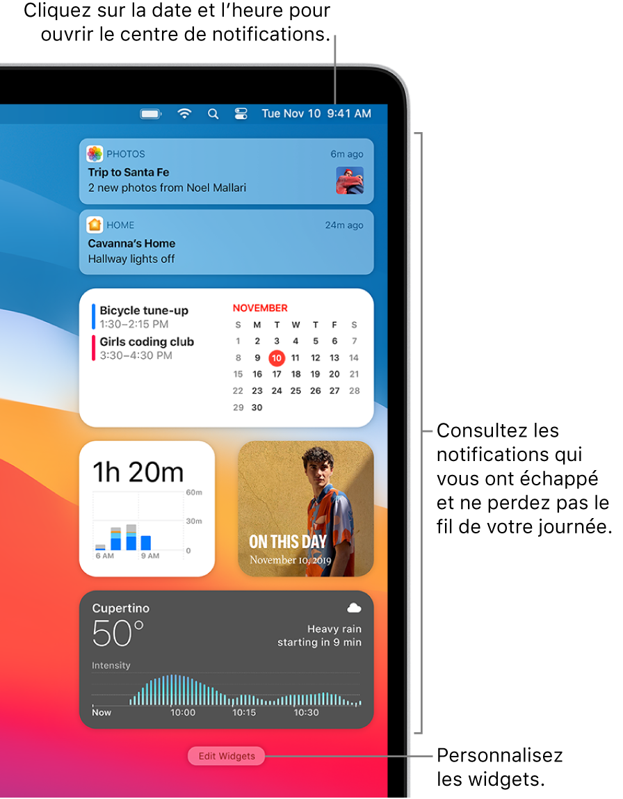 Notifications et widgets dans le centre de notifications.