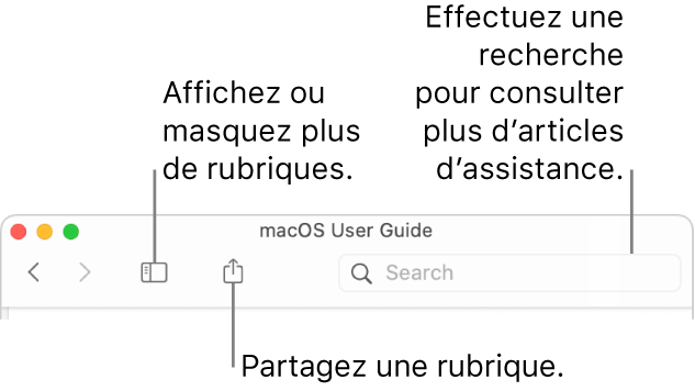Une fenêtre d’aide avec les boutons dans la barre d’outils qui permettent de masquer ou d’afficher la Table des matières, et de partager une rubrique, ainsi que le champ de recherche qui permet de rechercher des rubriques.
