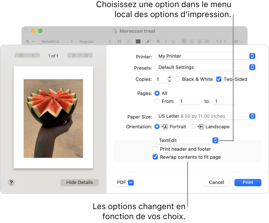 La zone de dialogue Imprimer affichant les réglages d’impression avancés, avec le menu local des options d’impression vers le centre de la zone de dialogue. Les options d’impression affichées sous le menu local changent en fonction de l’option choisie.