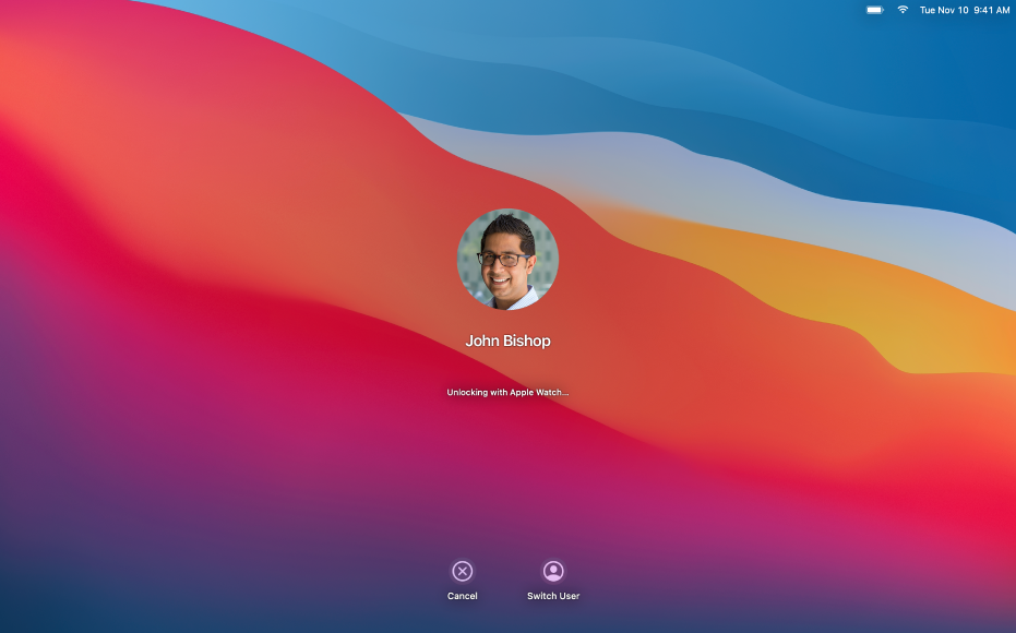 Écran de déverrouillage automatique avec un message en son centre indiquant que le Mac est déverrouillé par l’Apple Watch.