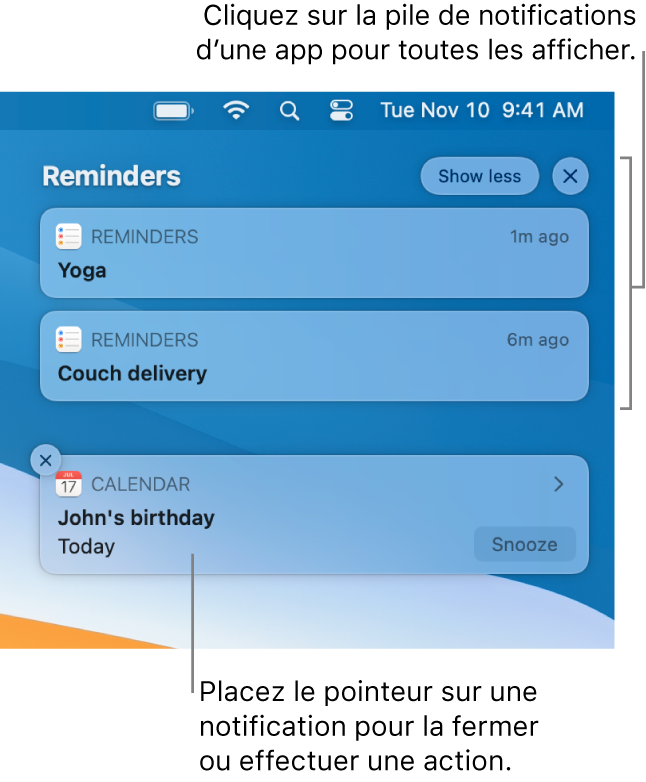 Des notifications d’app dans le coin supérieur droit du bureau, avec une pile ouverte contenant deux notifications de l’app Rappels et un bouton « En afficher moins » pour réduire la pile, ainsi qu’une notification de l’app Calendrier accompagnée d’un bouton Rappel.