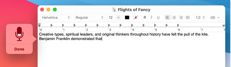 La fenêtre d’écho à côté du texte dicté dans un document TextEdit.