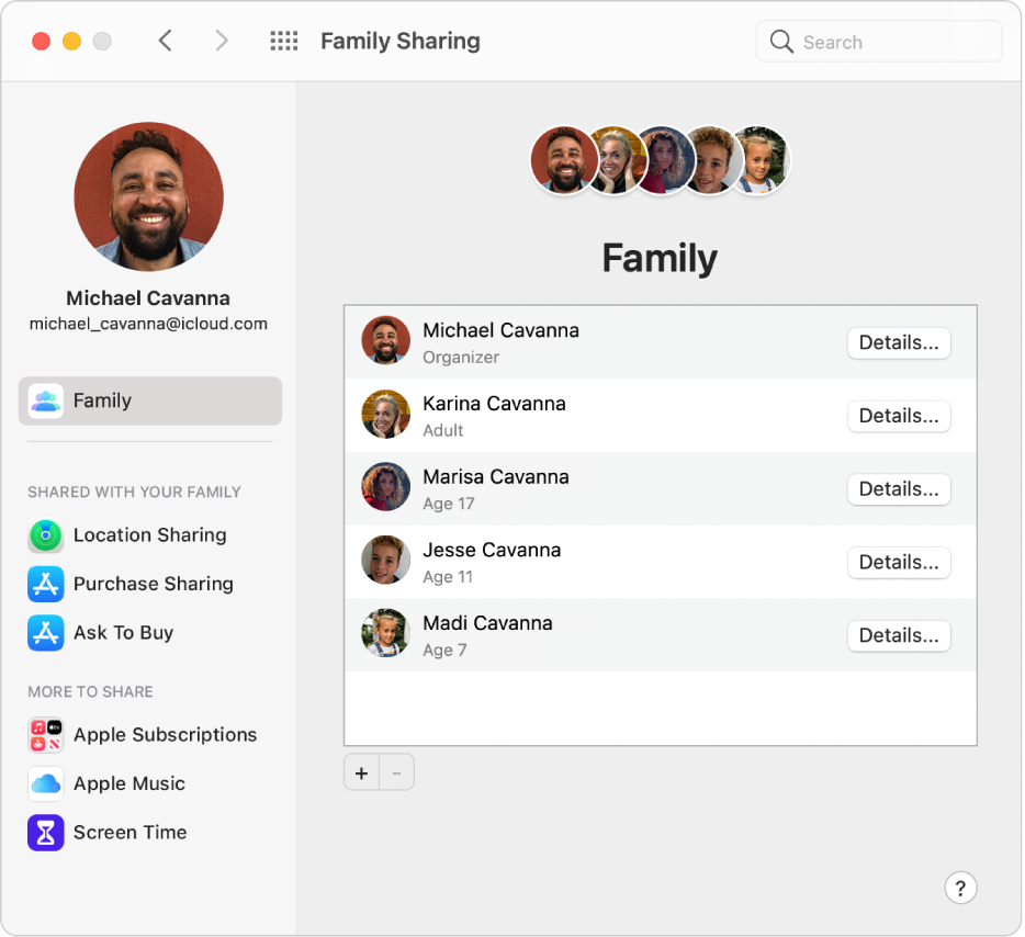 Préférences « Partage familial » montrant une barre latérale de différents types d’options de compte que vous pouvez utiliser et les préférences Famille pour un compte existant.