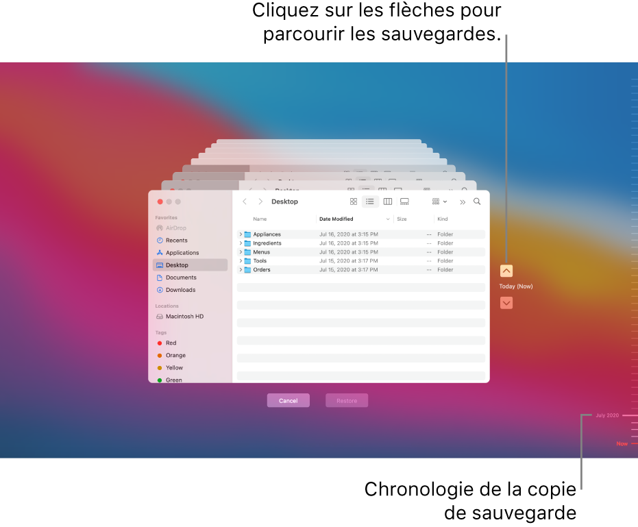 Lorsque vous ouvrez Time Machine, un écran flou s’affiche avec plusieurs écrans du Finder empilés pour représenter les sauvegardes. Cliquez sur les flèches pour parcourir vos sauvegardes (ou cliquez dans la chronologie de sauvegarde située à droite) et choisissez les fichiers à restaurer.