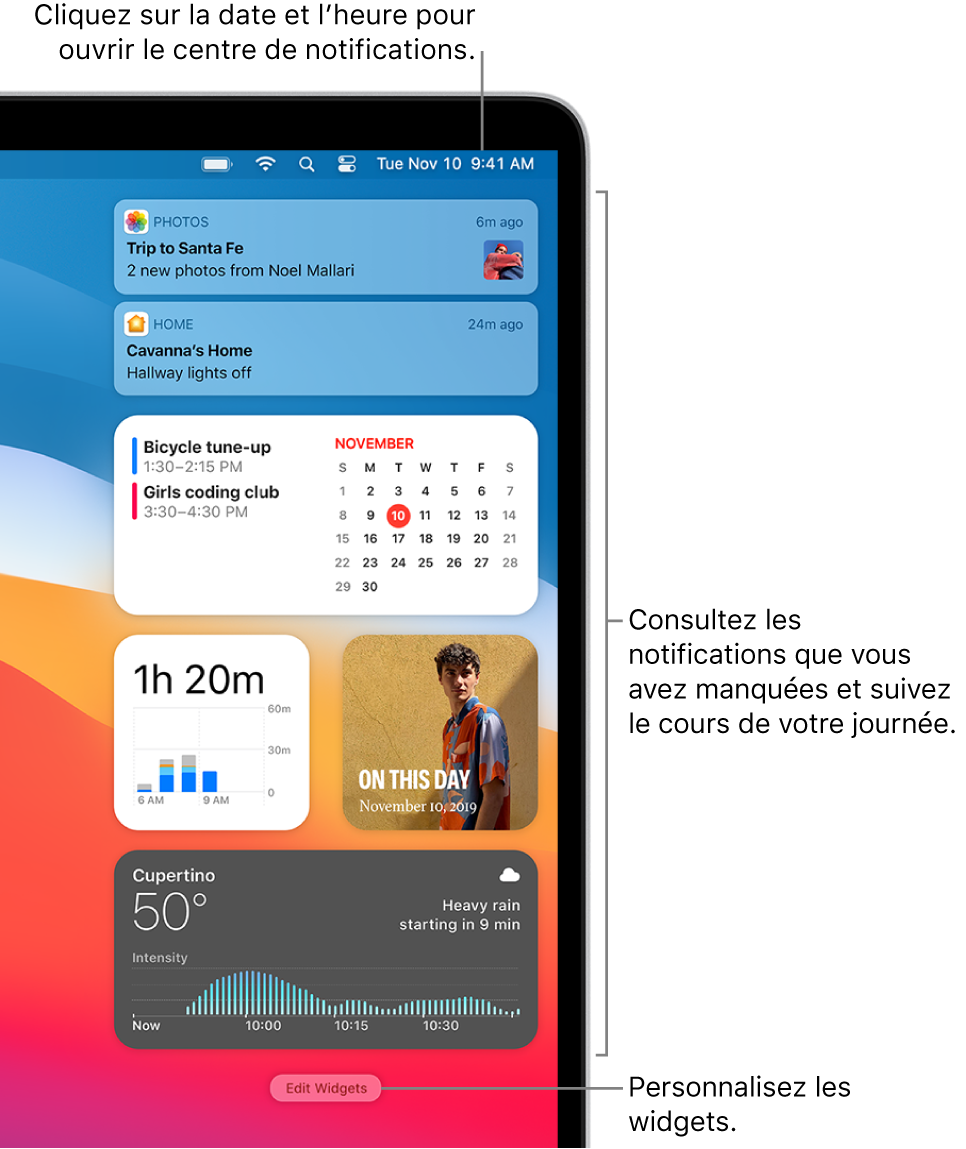 Notifications et widgets dans le Centre de notifications.