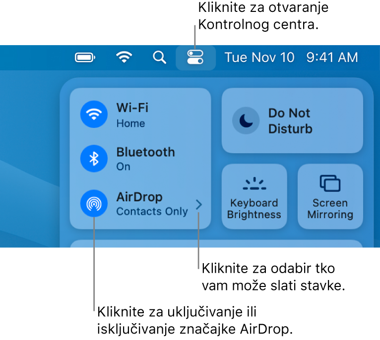 Prozor Kontrolnog centra s prikazom kontrola za uključivanje ili isključivanje značajke AirDrop i odabrati tko vam može slati stavke.