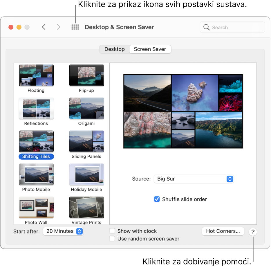 Kliknite na tipku Prikaži sve u alatnoj traci prozora Postavki sustava za prikaz ikona postavki. Kliknite na tipku Pomoć u donjem desnom dijelu prozora postavki za više informacija o prozoru.